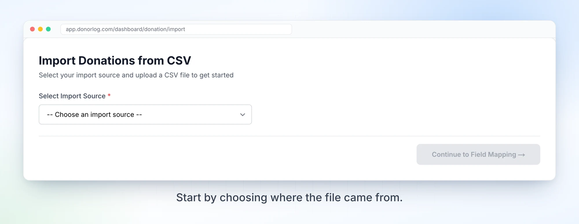 The Import Donations screen, with the import source picker