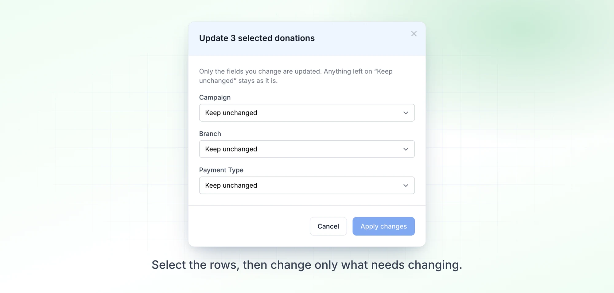 The bulk update dialog for three selected donations, with campaign, branch and payment type fields