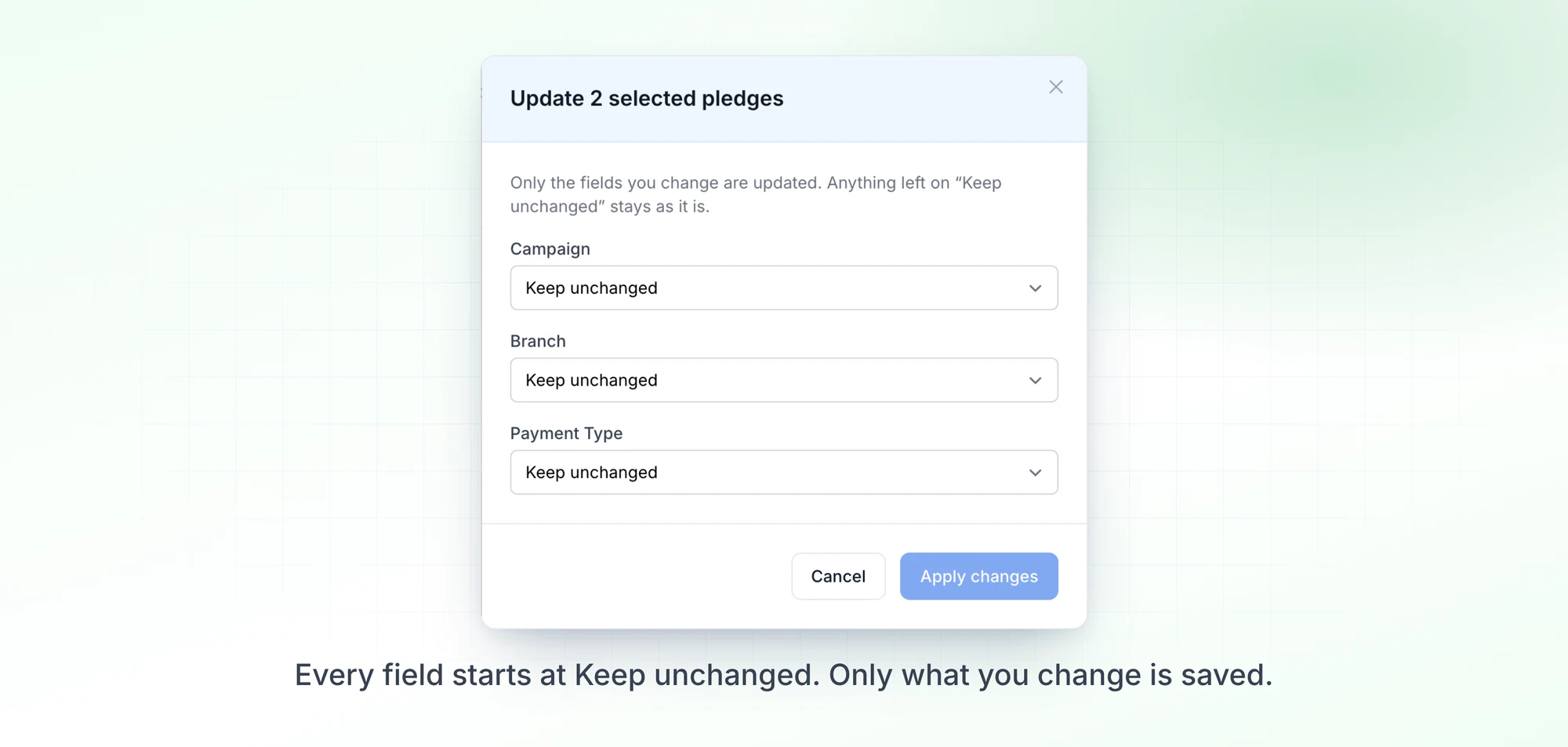 The Update selected dialog for pledges, with Campaign, Branch and Payment Type each set to Keep unchanged