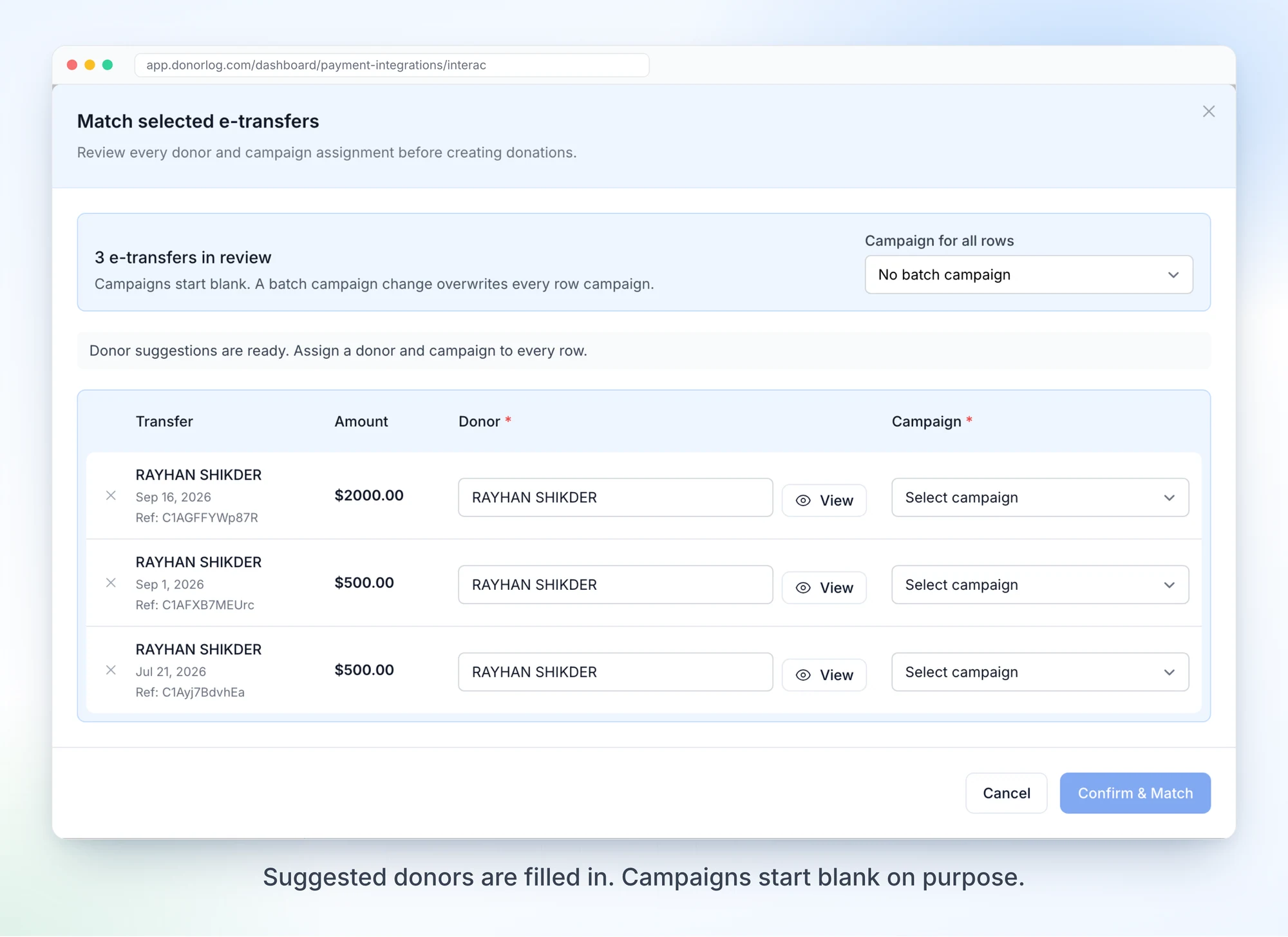 The Match selected e-transfers review, showing each transfer with its suggested donor and a campaign selector