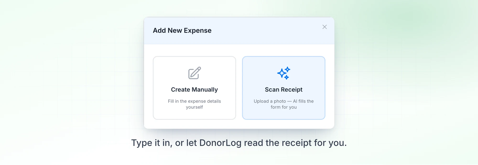The Add New Expense dialog offering Create Manually or Scan Receipt