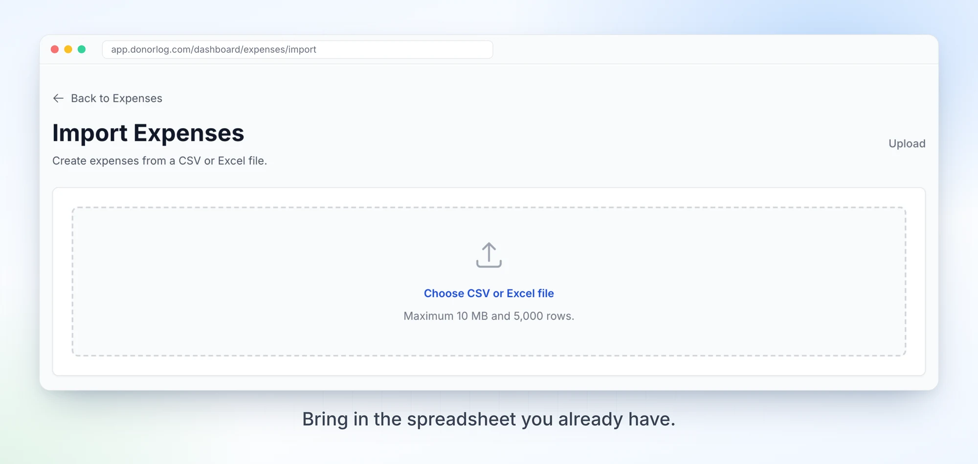 The Import Expenses page, which accepts a CSV or Excel file up to 10 MB and 5,000 rows