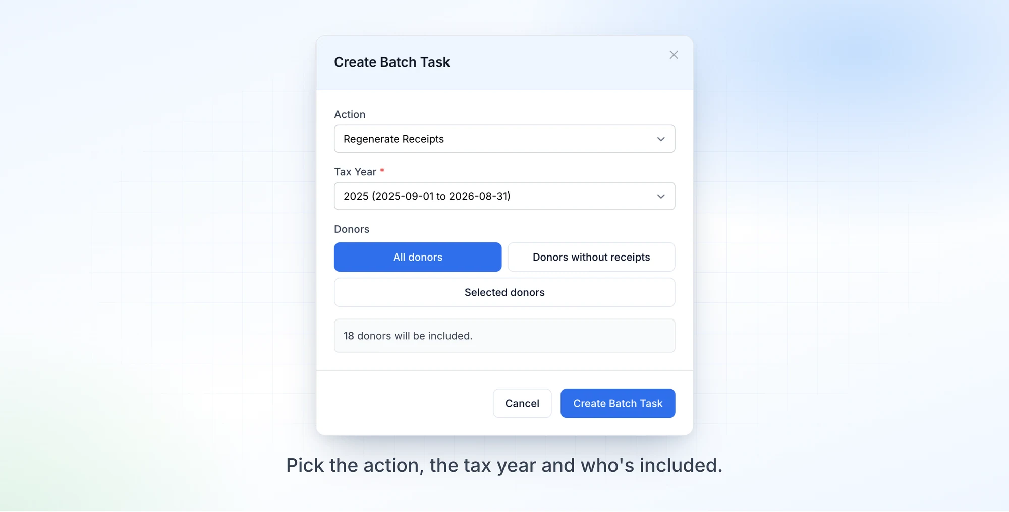 The Create Batch Task dialog with Action, Tax Year and donor selection