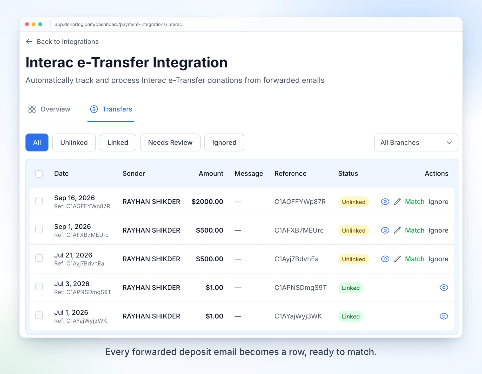 The Transfers tab listing e-Transfers with date, sender, amount, reference and status, and Match and Ignore buttons on unlinked rows