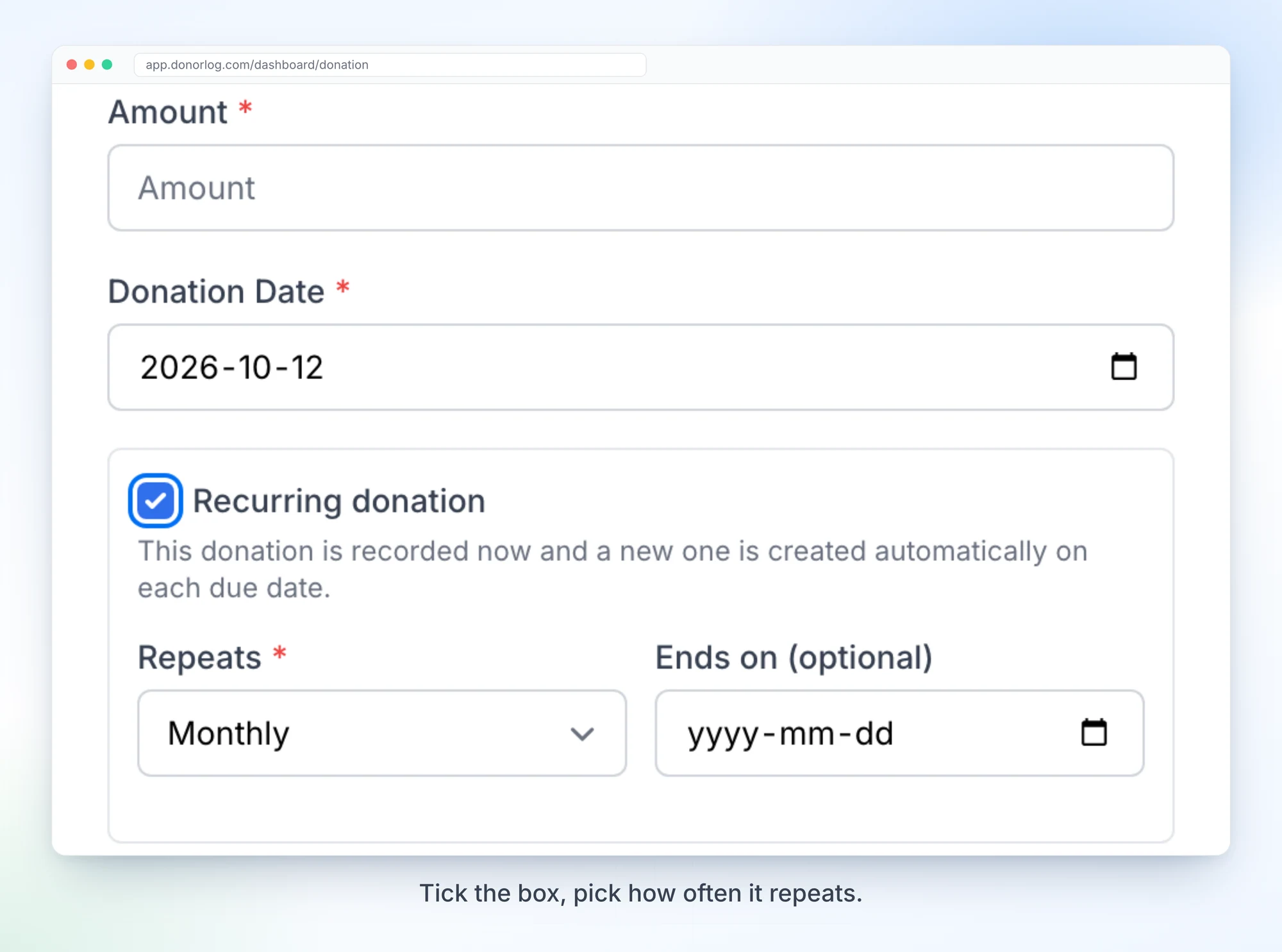The Add New Donation form with Recurring donation ticked, showing the Repeats dropdown set to Monthly and an optional Ends on date